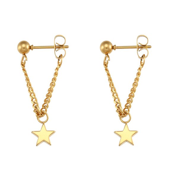 Star Chain Drop Earrings 18K Gold Plating Jewelry Gifts For Her / Wife / Mom - Picture 11 of 11